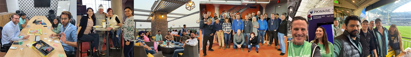A collage of photographs of PKWARE employees at work and at company events